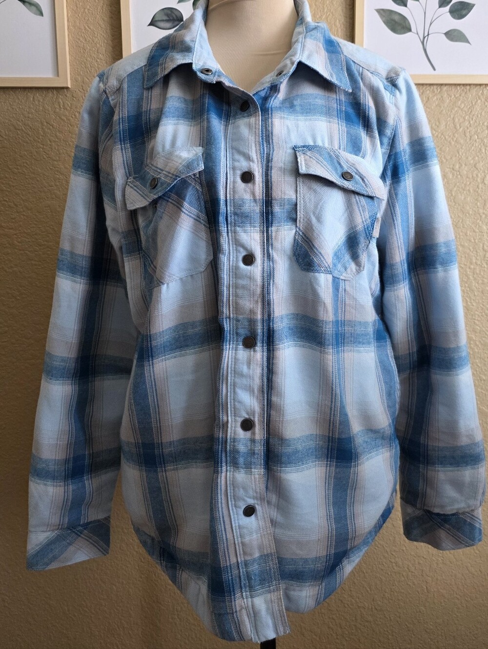 Mens Long Sleeve Flannel Shirt Jac with Plush Fleece Lining Blue Hues, Medium